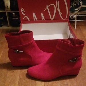 Red faux swede wedge ankle booties